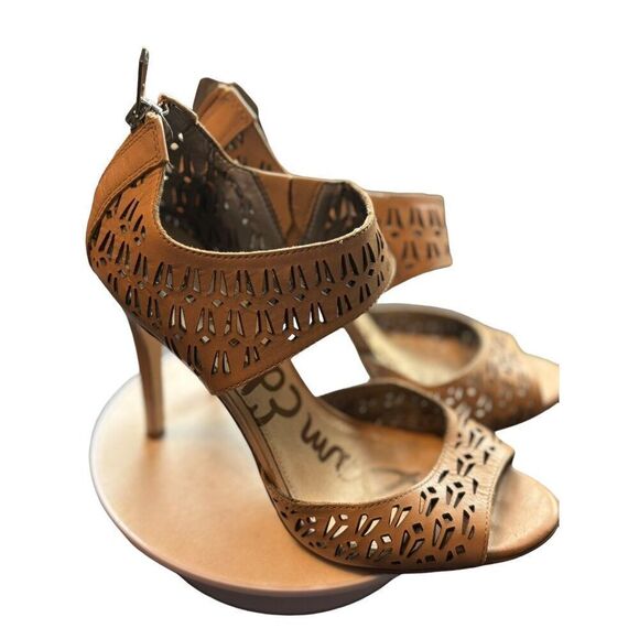 Sam Edelman Alva Tan Leather Peep-Toe Heeled Sandals Size 7.5 Zipper Closure Cut - Picture 2 of 13